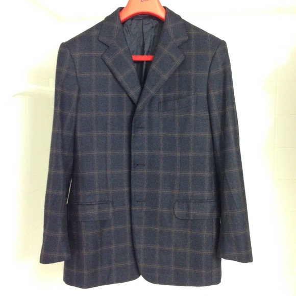 Zegna Navy Windowpane Silk Cashmere Jacket EU 50R